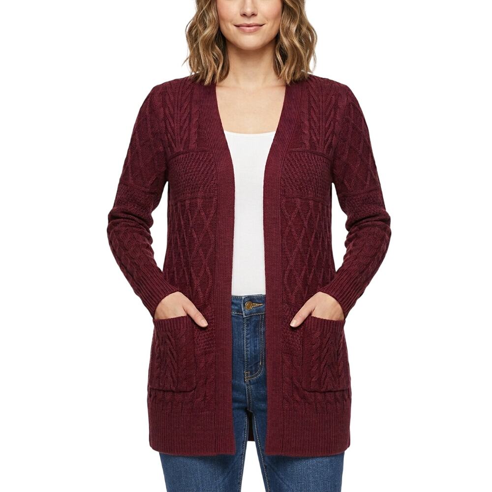 Faded Glory Open Front Cardigan Sweater Cable Knit Burgundy Women's Size M